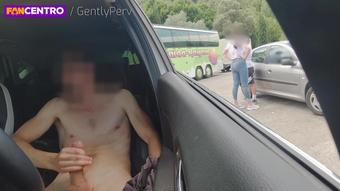 HIGHWAY HANDJOB - I wank inside my car in a rest area when a sexy woman see my cock