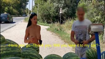 Milf Lilly naked outside bying fruit from random guy