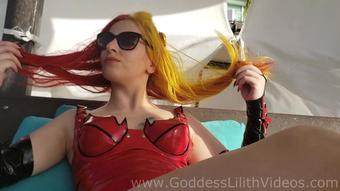 Goddess Lilith Hot Red Latex On The Beach