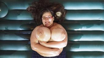 boob playing oil jiggle shake POV slowmo