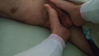 StepMom makes footjob to her  stepson not. Made up nails. Niurakoshkina