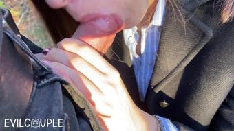 Long Tongue gives Blowjob in the Woods and receive Cumshot on her Nike Airforce 1