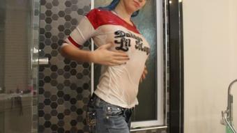 White wet T-shirt and jeans