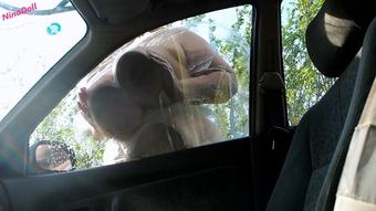 I wash the car with my huge boobs