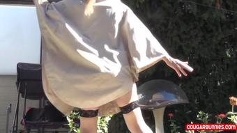 Outdoor Upskirt Bending In My Beige Pelerine