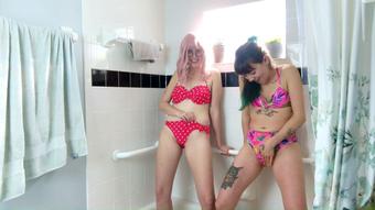FIRST TIME PEEING In Pink Bikinis