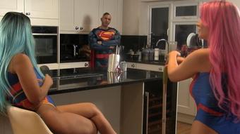 Super Hero's Day off threesome fuck