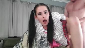 Pigtailed coed girl gets cum facial after her step dad fucked her in her gaping asshole | blowjob