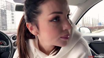 Hot blowjob in the parking lot with cum swallowing