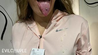 Public Dressing Room Blowjob gets messy with big cumshot on Nike Jacket