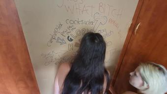 Two girls sucking my cock through a GLORYHOLE