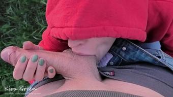 Outdoor POV Amateur Blowjob, Cumshot mouth and face - Teen Kira Green
