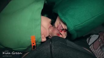 Girls in hoodies sucking cock - blowjob, sucking balls, cumshot in mouth, threesome