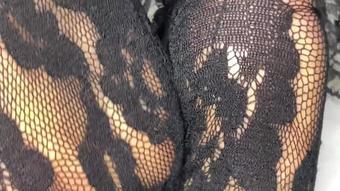 French Pedicure Feet In Lace Nylon Socks
