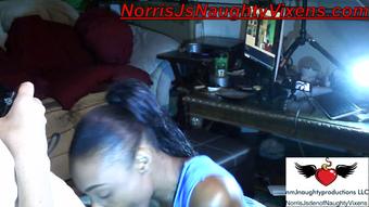 Ebony maid sucks white dick good