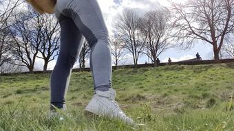Walking and wetting grey leggings peeing - March 30, 2021