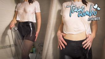 Teen Amateur In White T-Shirt And Tight Pantyhose Showering