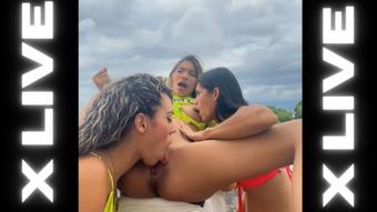 Lesbian lick each other's pussy on the couch - outdoors