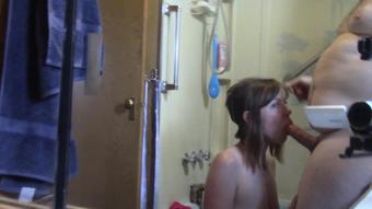 Teen Schoolgirl Blowjob Old Man in Bathroom Swallow Mirror POV Lavender Joy