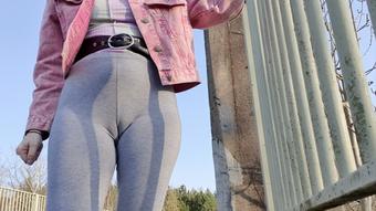 Grey leggings on the bridge wetting pee - May 25, 2022