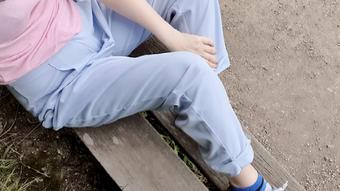 Blue trousers outdoors wetting peeing - August 23, 2023