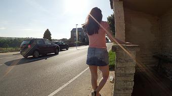 Denim skirt at the bus stop - May 22, 2019