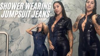 Shower wearing jumpsuit jeans